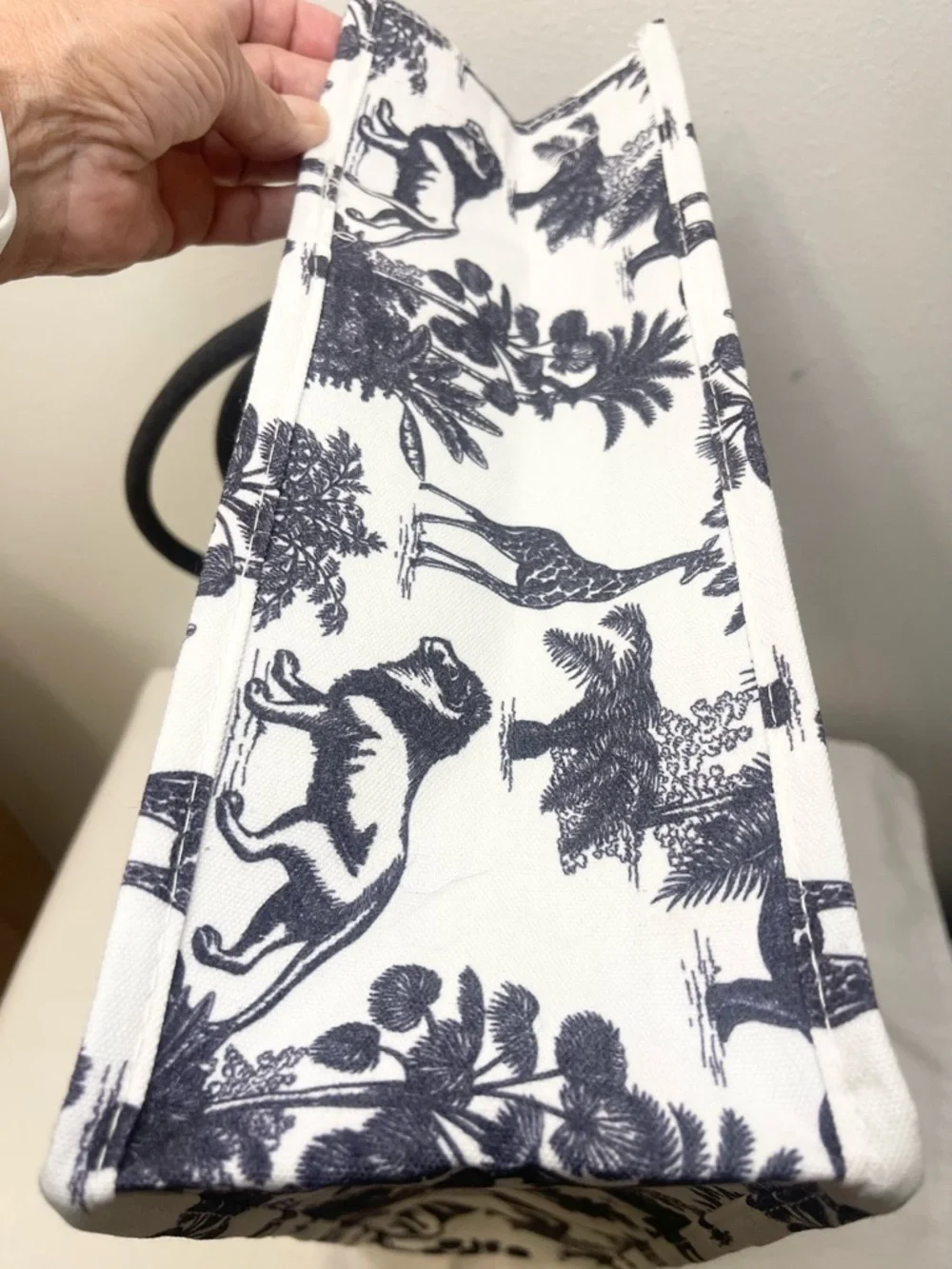 Monochrome Safari Print Tote Bag with Blue Handles